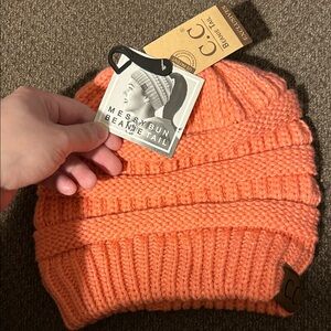 CC Messy Bun Beanie Tail in Coral